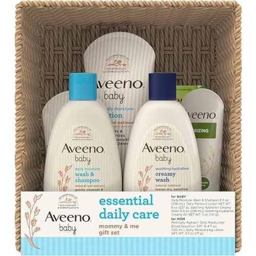 Aveeno Baby Essential Daily Care Baby & Mommy Gift Set featuring a Variety of Skin Care and Bath Products to Nourish Baby and Pamper Mom, Baby Gift for New and Expecting Moms, 7 items