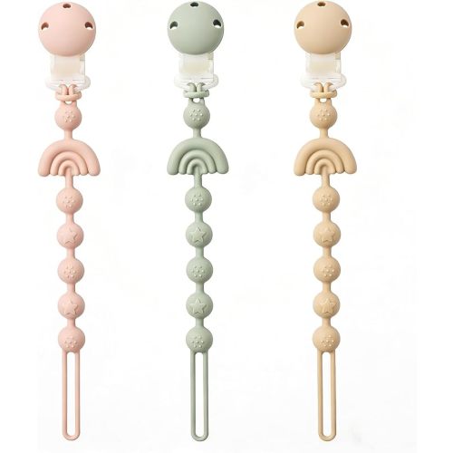 Baby Pacifier Clips One Piece Binky Clip Holder Silicone Teether Clip Pacifier Straps with Clip Baby Teether Toys for Boys and Girls Set of 3 Andy Bear-Ivory+Sage+Blush