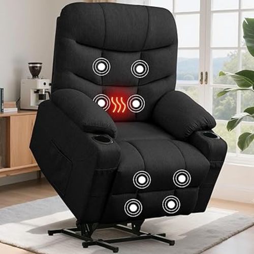Power Recliner Chair with Massage and Heating, Electric Recliner Chair for Elderly and Adults, Power Lift Recliner with Remote Control and Cup Holders for Living Room, Linen Fabric, Black