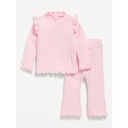 Cozy Long-Sleeve Ribbed Ruffle-Trim Top and Pants Set for Baby
