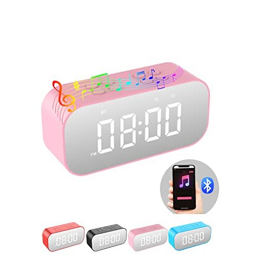 AFK Alarm Clock with Bluetooth Speaker for Bedroom,Small Digital Clock with Dual Alarms,Snooze,Mirror LED Display for Girls,Adults.