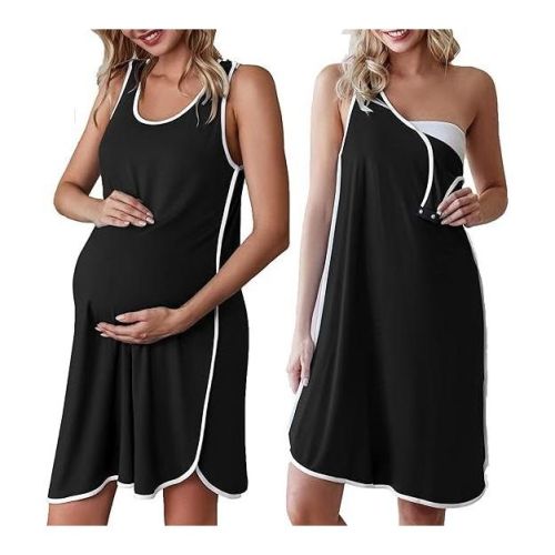 Ekouaer Labor and Delivery Gown for Hospital 3 in 1 Nursing Dress Sleeveless Maternity Snap Button Breastfeeding Nightgown Black L