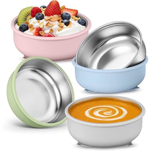 E-far Stainless Steel Baby Bowls with Suction, 4 Pack Removable Colorful Silicone Sleeve Toddlers Kids Bowl, Non-Toxic Snack Container for Baby Food Feeding, Non-Slip & Unbreakable, Dishwasher Safe
