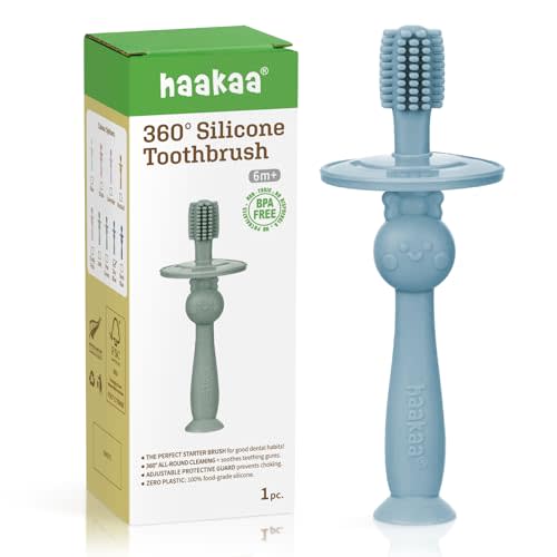 haakaa 360° Baby Toothbrush with Suction Base - Sky Blue | Gentle Cleaning for Infants, Gum Massage, BPA-Free, Food-Grade Silicone, Adjustable Safety Shield, Safe for Babies 6 Months+