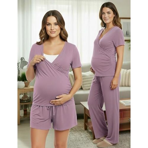 PATPAT 3-Piece Maternity Nursing Pajamas, Pregnancy to Postpartum Breastfeeding Pjs with Pockets, Soft Sleepwear, S-XXL