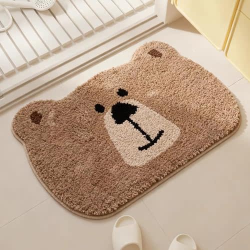Yevsinbay Cute Bear Shaped Bath Mat,Soft Plush Non-Slip Absorbent Bathroom Rug, Fluffy Cartoon Animal Shower Mat for Bathroom Decor Kids Room 31.5" x 20"(Khaki)