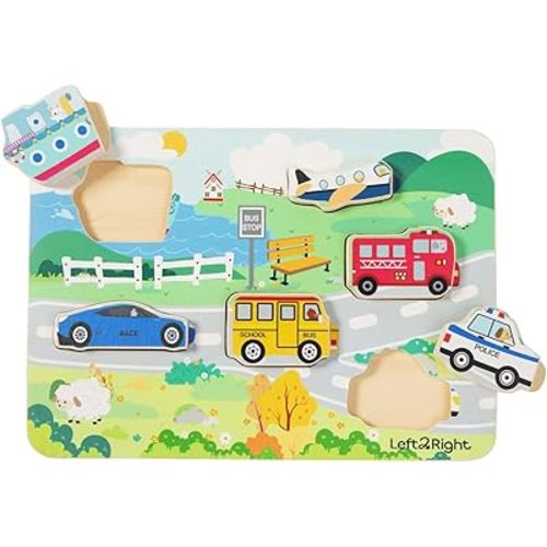 LEFT2RIGHT Wooden Puzzle for Toddlers 1-3 | Montessori Puzzle for 2 Year Old | Best Educational Puzzle for Motor Skills & Sensory Learning | Wooden Peg Puzzles for Toddlers 1-3 Transportation Edition