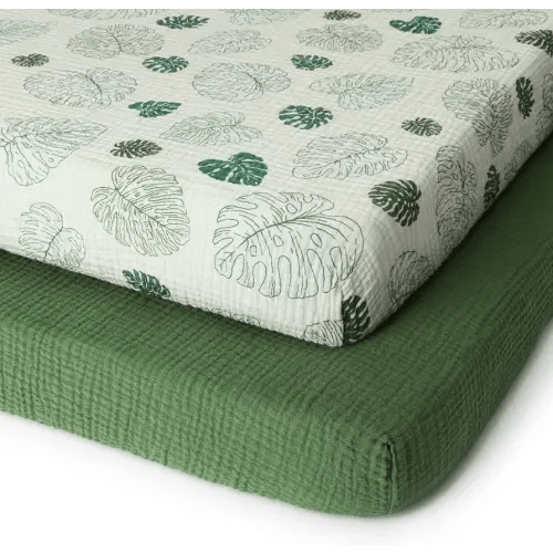 Blissful Diary Muslin Mini Crib Sheets, Pack and Play Mattress Sheets Fitted for Pack N Play, Soft Cotton for Boys Girls, 2 Pack(Monstera&Dark Green)
