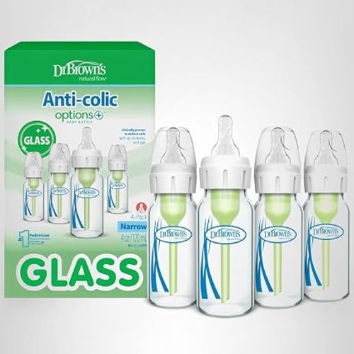 Dr. Brown's Anti-Colic Options+ Narrow Glass Baby Bottle with Level 1 Slow Flow Nipple, BPA-Free, 8 oz/250 mL, 0m+, 4-Pack (Packaging May Vary)