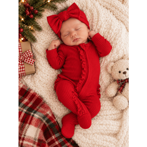 Red / Ribbed Frill 2-Way Zip Footie