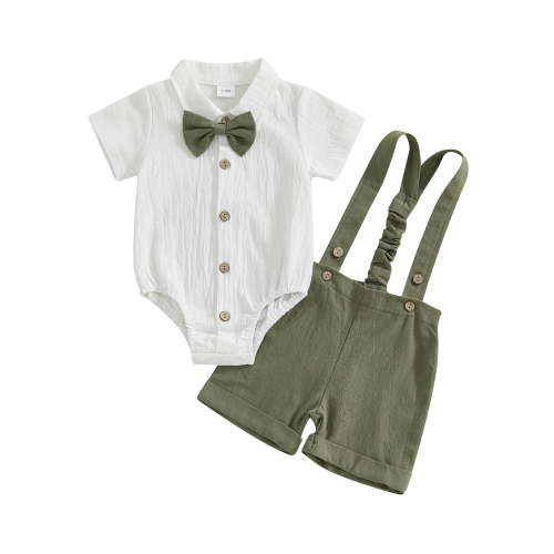 Loicainy Infant Baby Boy Gentleman Clothes 3 6 9 12 18 Month Solid Color Short Sleeve Lapel Neck Romper with Suspender Shorts and Bowtie 3 Pcs Outfits Set