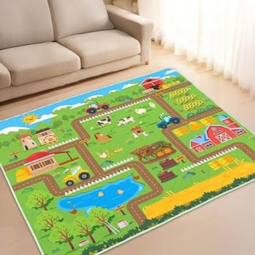Play Mat for Floor, 71''x59'' Soft Quilted Playmat,Thick Foam Cushioned Floor Mat, Extra Large Non-Slip Backing for Kids Boys Girls Adults, Green Farm