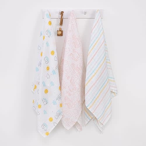 Disney Winnie The Pooh Yellow, Aqua, and White 3 Piece Muslin Swaddle Baby Blanket Set
