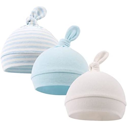Original Cotton Newborn Hats for Girls Striped Preemie Baby Hats Bear Ears Infant Boys Beanies 0-3 Months (Knot(White+Blue+Blue Stripe), 0-3 Months)