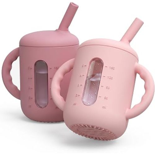 2 Pack Silicone Sippy Cups for Babies 6+ Months, 6 oz Straw Training Cups with Handles, Leak-Resistant Bite-to-Sip Valve, Liquid Level Window, BPA-Free, Purple Pink