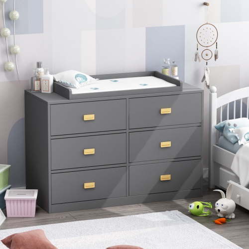 OXYLIFE Baby Nursery Station Changing Table , 6 Drawers Dresser Storage Clothes Organizer Drawer Chest,Gray