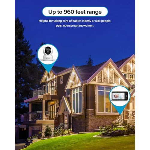 iFamily Baby Monitor with 2 Cameras | Remote Pan-Tilt-Zoom Video Baby Monitor with Camera and Audio, 5” Large Display, Night Vision, Temperature Display, Lullaby, 2 Way Audio & 960ft Range