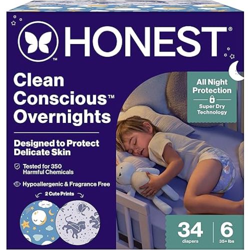 The Honest Company Comfort Dry Overnight Diapers, Up to 12 Hours Protection, Hypoallergenic, Fragrance-Free, Cozy Cloud + Star Signs, Club Box Size 6 (35+ lbs), 34 Count