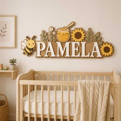 Custom Name Wood Sign, Personalized Sunflower Nursery Decor, Honey Bee Baby Room Wooden Plaque, Honeycomb Wall Art, New Mom Baby Shower Gift