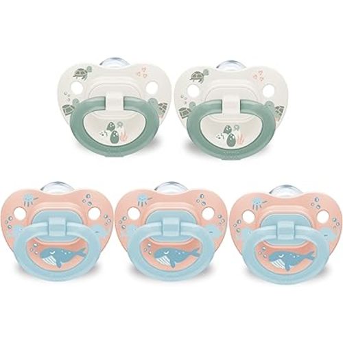 NUK First Choice Classic Baby Pacifier, 18-36 Months Toddler Pacifier, Blue & Orange, Baby Must Haves, 5-Pack