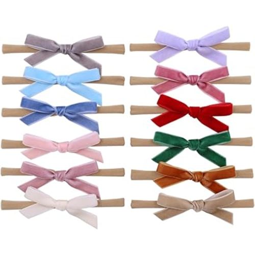 Pack of 12 Velvet Bow Headband for Newborn Baby Toddler Girl Soft Nylon Hairbands Elastic Hair Bands (Tiny bow 2.7 inch 12 pcs)
