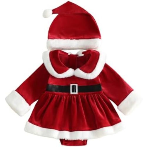 Bonangber Baby Girl Christmas Dress Santa Claus Romper Dress Red Velvet Long Sleeve Princess Tulle Dress with Headband
