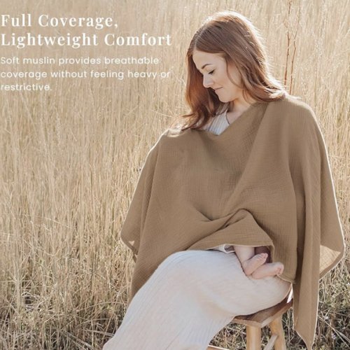 Konssy Muslin Nursing Cover for Breastfeeding, 360° Full Privacy Breathable 100% Cotton Breastfeeding Cover, Multi-use Carseat Canopy(Brown)