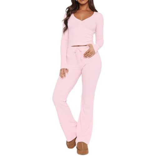 ForeFair Womens Knit Ribbed 2 Piece Pajama Set Long Sleeve Button Crop Top And Flare Long Pants Sleepwear PJ Set