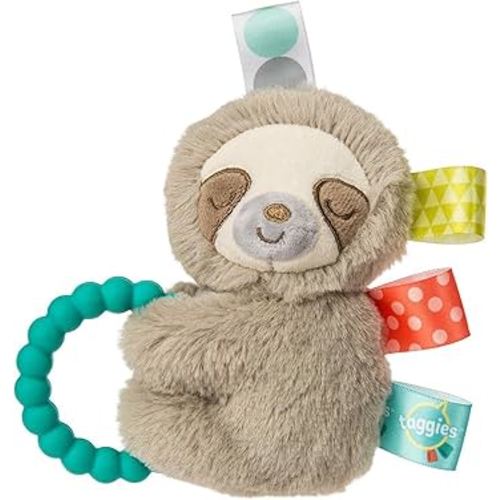 Taggies Sensory Stuffed Animal Soft Rattle with Teether Ring, Molasses Sloth