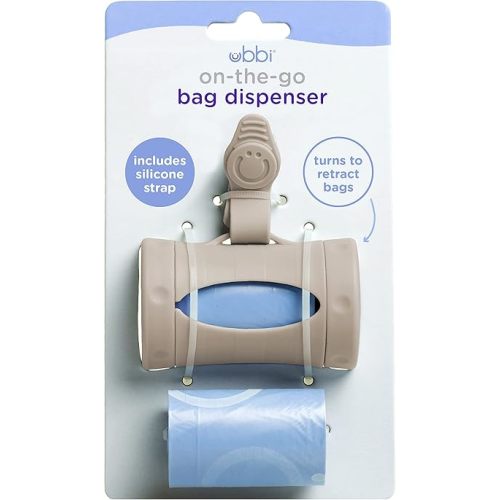 Ubbi Retractable On-the-Go Bag Dispenser for Baby Travel, Diaper Bag Accessory Must Have for Newborns, Helpful Baby Accessory, Taupe (Pack of 5)