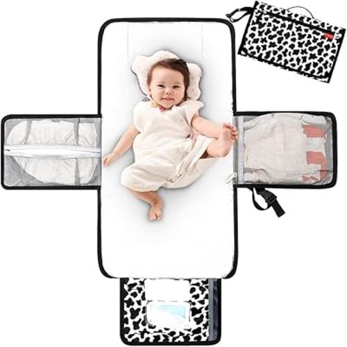 Lekebaby Portable Diaper Changing Pad, Travel Baby Changing Mat with Storage Pockets & Head Cushion, Waterproof Change Mat for Baby Boys & Girls, Cow Print