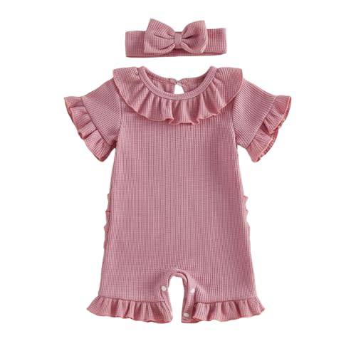 Infant Baby Girl Summer Outfit Crew Neck Ruffle Short Sleeve Solid Color Romper Jumpsuit Newborn Waffle Clothes