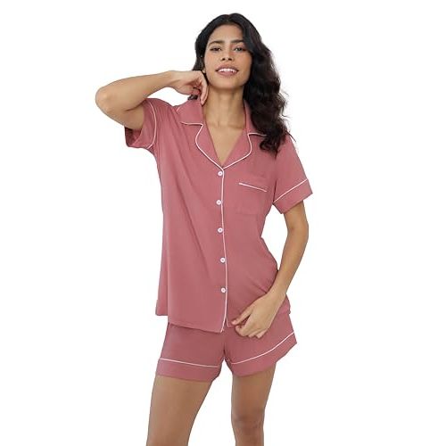 Cherrydew Women's Bamboo Viscose Cooling Button Up Pajama Shorts Set | Buttery Soft Feel,Naturally Cooling,Lightweight Drape,Timeless Design,Hot Sleeper Friendly