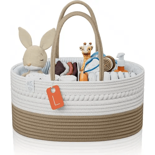 KiddyCare Woven Diaper Caddy Organizer, Large Gray Multi Functional Portable Baby Basket with Handle, Baby Gift for Boy/Girl Nursery Storage, Organization, and Modern Car Diaper Caddy Natural Large