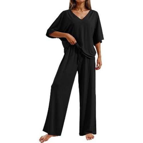 Ekouaer Pajama Sets for Women 2 Piece Lounge Set Short Sleeve Tops and Long Pants Soft Comfy Pjs Sleepwear Outfits Black M