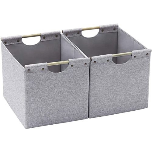 Large Foldable Storage Bins, Linen Fabric, 2 Pack, with Wooden Carry Handles and Sturdy Heavy Cardboard, for Home, Office, Car, Nursery, Light Grey