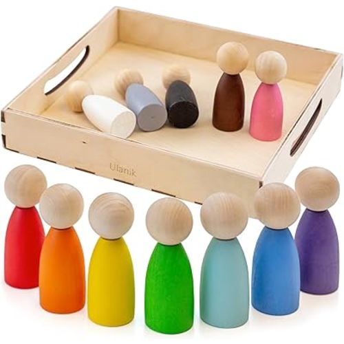 Ulanik Large Peg Dolls for Sorting Toddlers Montessori Toys for 1+ Year Old Baby Dolls Wooden Games for Learning Color Sorting & Counting — 12 Gnomes