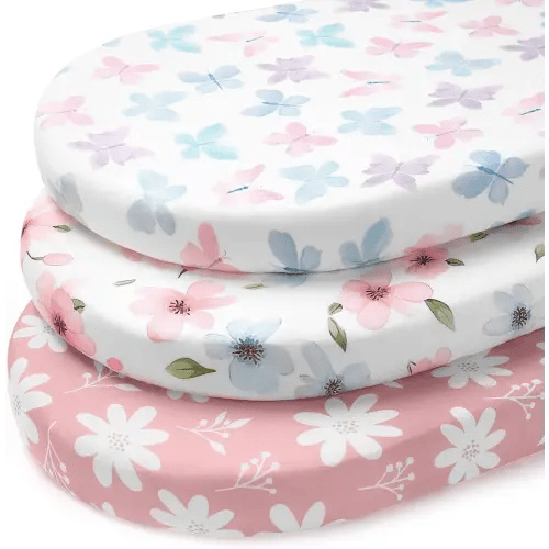 Baby Bassinet Sheets Girl, 3 Pack Fitted Bassinet Mattress Sheets, Compatible with Halo Bassinest Swivel Sleeper&Oval Hourglass Rectangle Mattress,Ultra Soft Butterfly Floral