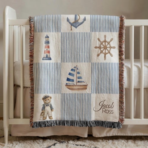 Personalized Nautical Baby Blanket With Name, Sailboat And Lighthouse Patchwork Throw, Coastal Nursery Gift, Baby Shower Blanket For Boys