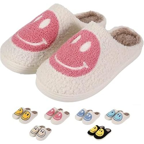 Retro Fuzzy Happy Face Slippers for Women Men, Cozy House Shoes