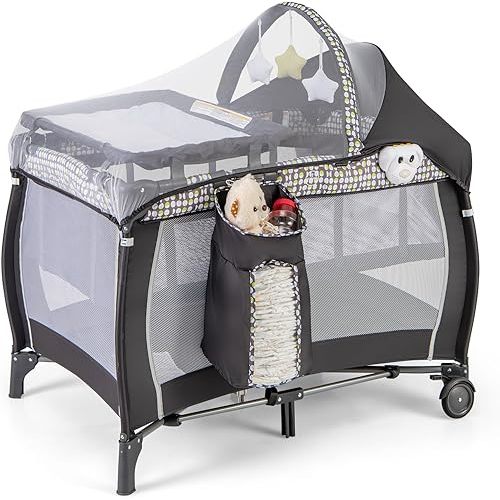 BABY JOY 4 in 1 Pack and Play, Portable Baby Playard with Bassinet, Adjustable Canopy, Changing Table, Lockable Wheels, Glowing Music Box, Travel Baby Crib Bassinet Bed from Newborn to Toddler Grey