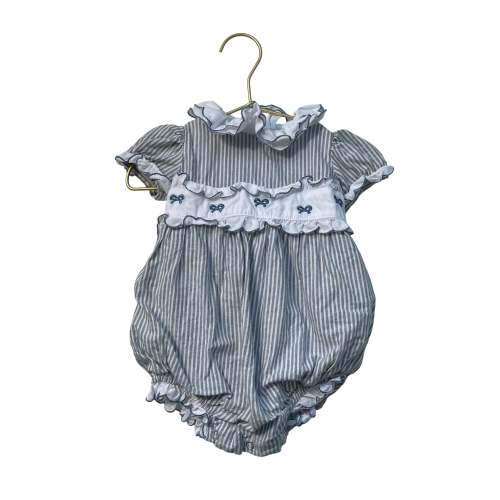 Sal & Pimenta Blue Striped & Embroidered Bow Bubble Romper - Size 12 Mo