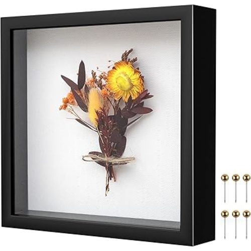 8x8 Shadow Box Frame | Soft Linen Back & Push Pins Included, Polystyrene Glass Memory Display Case for Flowers, Tickets & Cherished 3D Items, Black