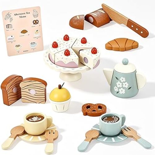 Pithfor Wooden Tea Set for Little Girls, Wooden Dessert Play Food for Toddlers Kids, Pretend Play Kitchen Accessories Toys for 1 2 3 Year Old