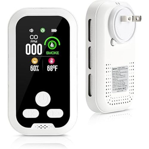 Smoke and Carbon Monoxide Detectors Plug in Wall, 4-in-1 CO Detector Smoke Alarm Humidity & Temp Meter, Portable Carbon Monoxide Alarm HD Screen, CO Monitor for Home Travel Hotel Camping RV (White)