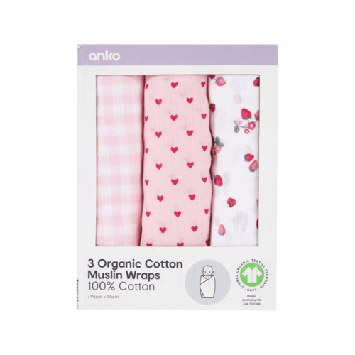 Anko 3 Pack Organic Cotton Muslin Wraps - Berry