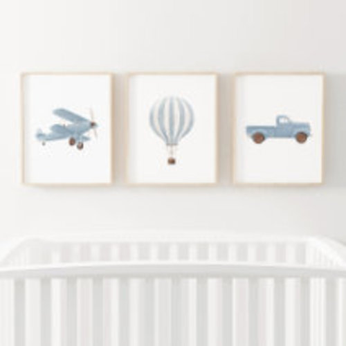 Blue Transportation Nursery Decor Biplane Train Wall Art Sets | Zazzle