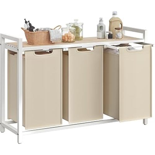 VASAGLE Laundry Hamper, Laundry Basket Sorter with 3 Pull-Out and Removable Bags, Shelf, Metal Frame, 3 x 10.6 Gallons (40 L), 36.4 x 13 x 28.4 Inches, Cappuccino Beige and Natural Beige UBLH301LH01