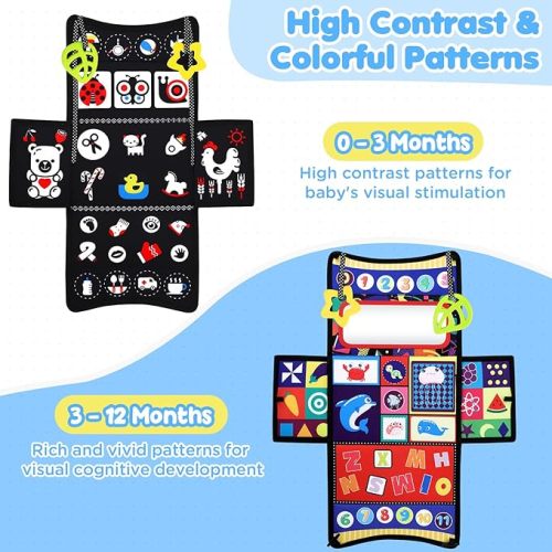 Tummy Time Mirror Toys, 3 in 1 Baby Toys 0-6 6-12 Months Newborn Infant Sensory Montessori Toys with Colorful Silk Scarves and Teethers Black and White High Contrast Tissue Box Activity Gift