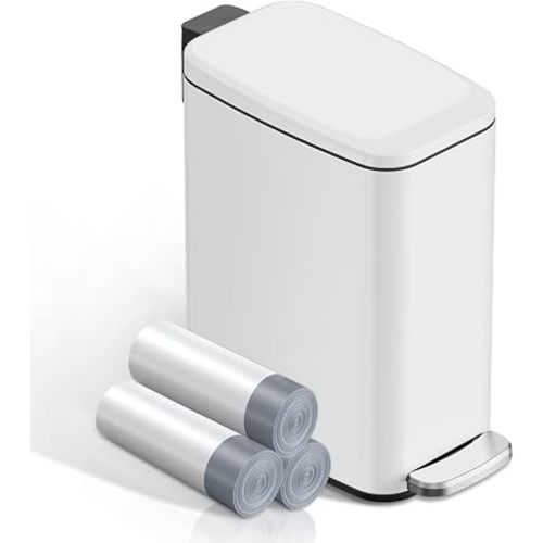 KSSKSS Small Bathroom Trash Can with Lid Soft Close, Step Pedal, 6L / 1.6 Gal Stainless Steel Garbage Bin with Removable Inner Bucket, Slim Wastebasket for Narrow Spaces (White)